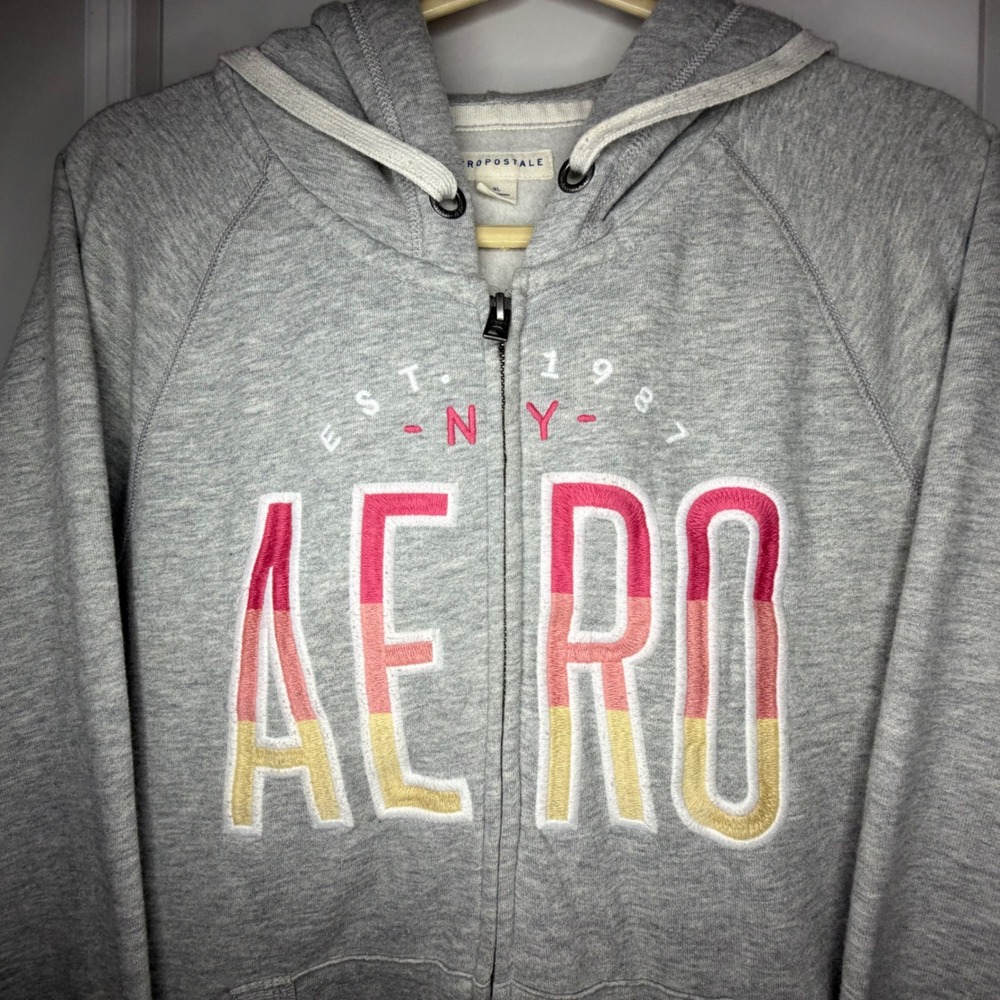 Vintage‎ Y2K Aeropostale Embroidery Gray Full Zip Hoodie Sweatshirt Women's XL